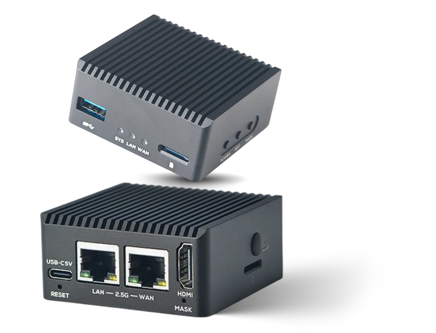 IPTV / HDMI Box, front and rear: USB 3.0, status LEDs, micro-SD, dual 2.5G LAN, HDMI and USB-C power.