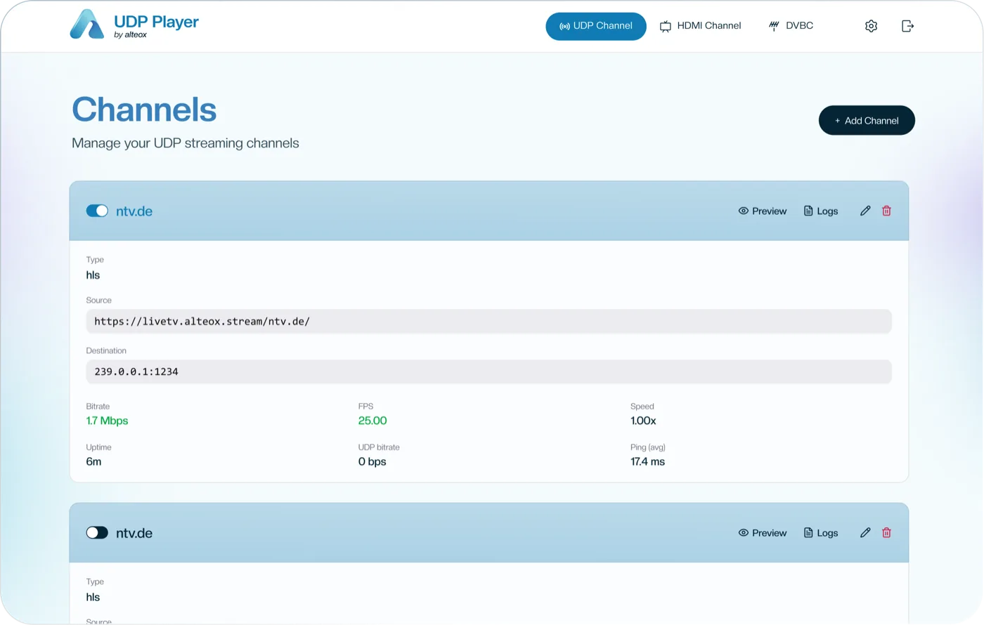 Channel management screen: one card per channel with source, destination, live bitrate, uptime and viewer count.